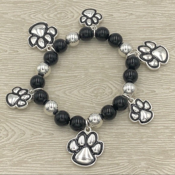🌼 Paw Print Black Bead Silver Charm Bracelet - Picture 1 of 2